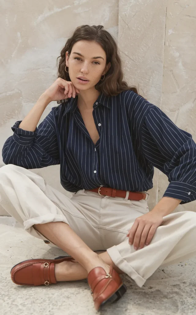 Combine a striped shirt with relaxed trousers.