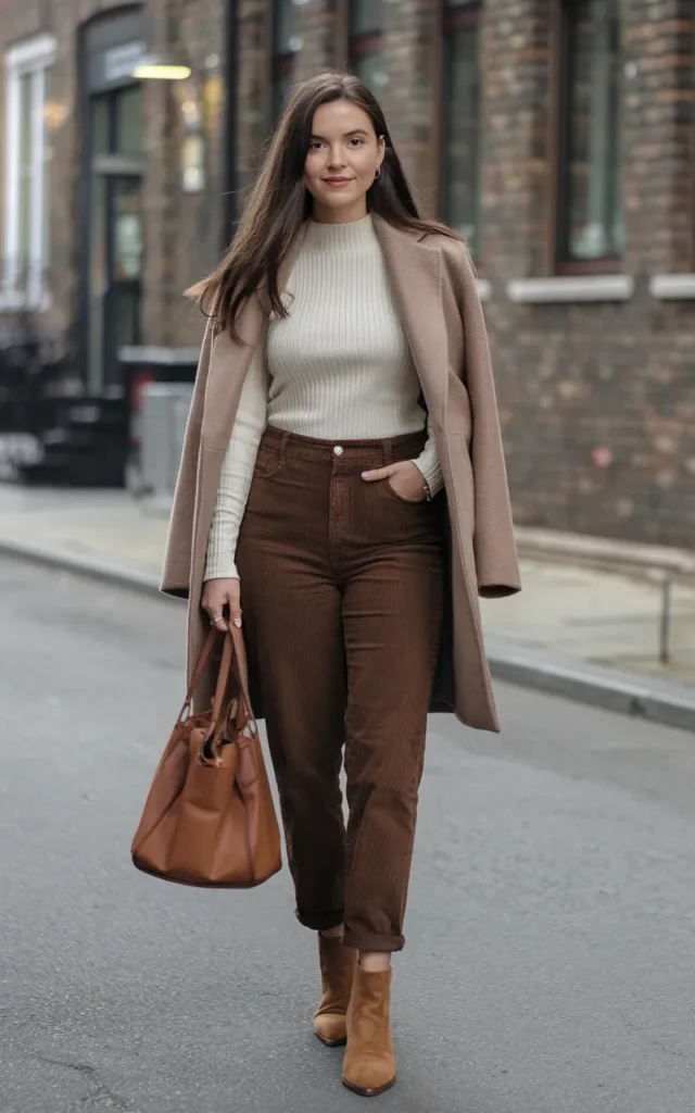 Combine corduroy trousers with a fitted knit.