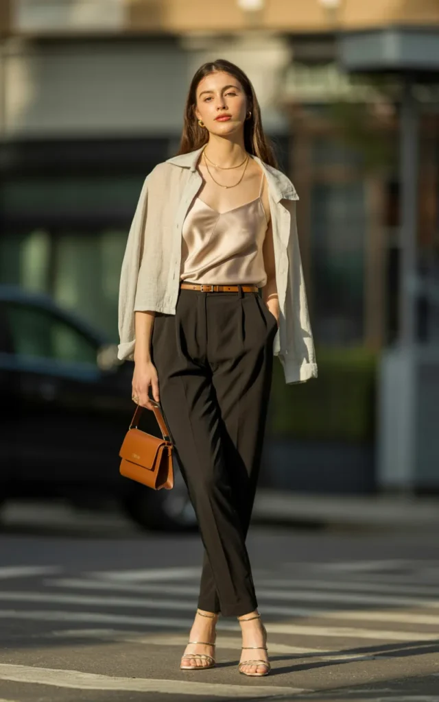 Create a date-night look with a satin camisole and trousers.