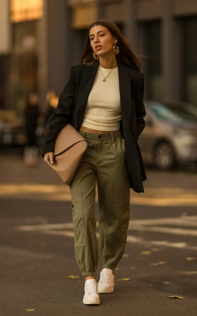 Dress up cargo pants with a fitted blazer.