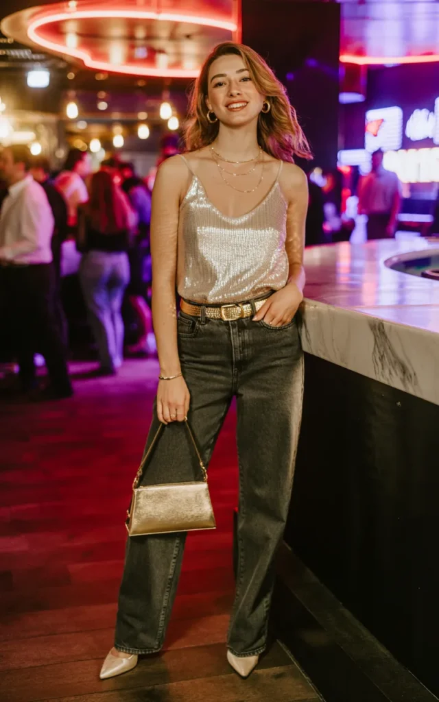 Dress up dark denim with a sequined top.