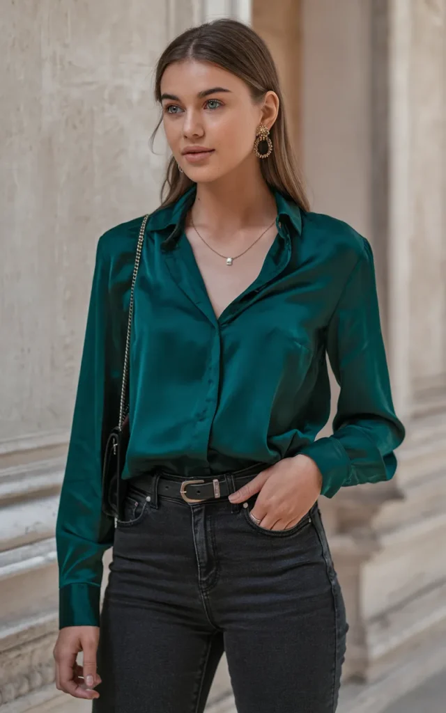 Dress up dark jeans with a satin blouse.