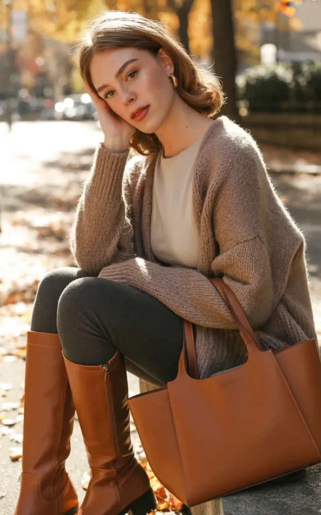 Dress up leggings with a long cardigan and boots.