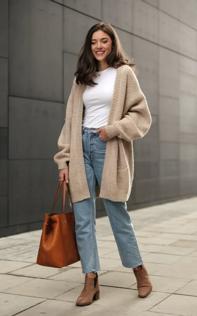 Layer a cardigan over a basic tee.