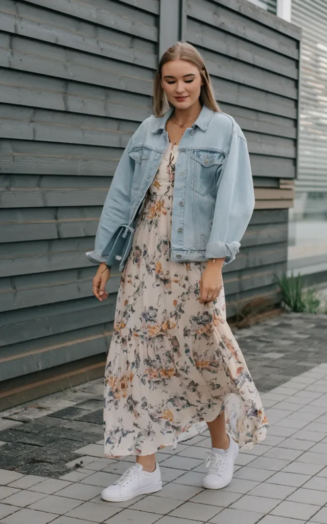 Layer a denim jacket over a floral maxi dress.