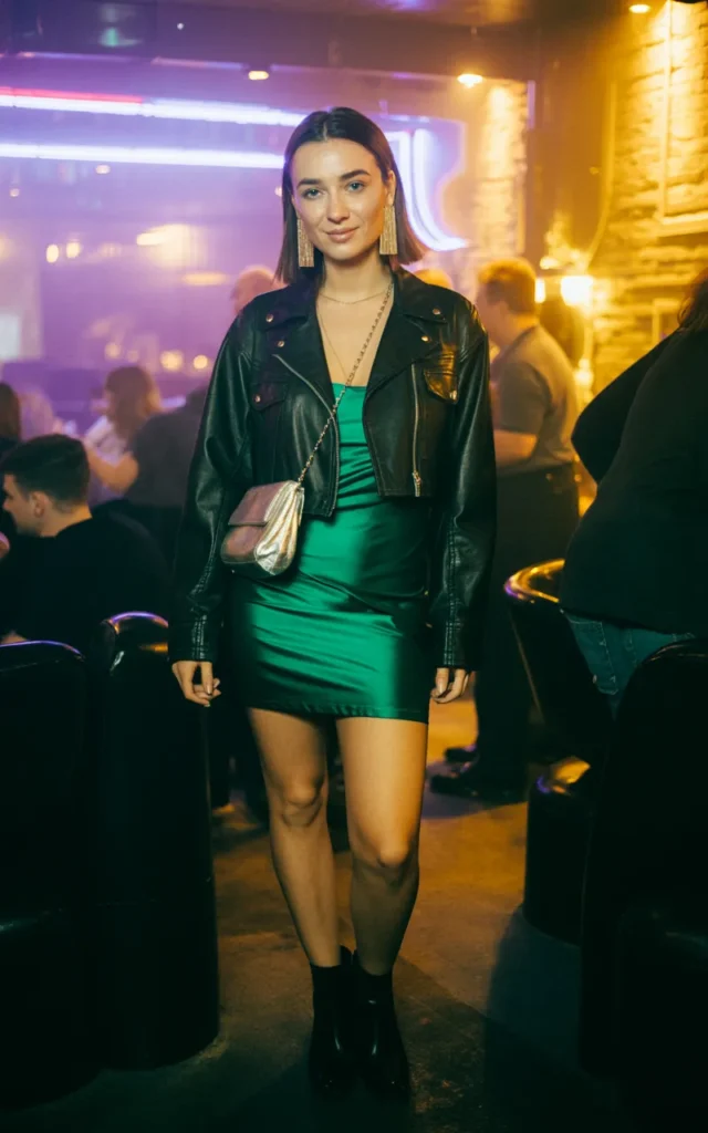 Layer a leather jacket over a fitted mini dress.