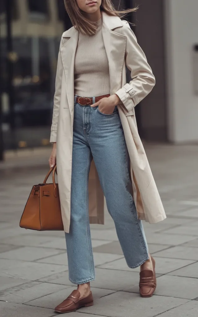 Layer a trench coat over relaxed denim.