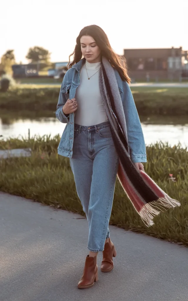 Layer a turtleneck beneath a denim jacket.