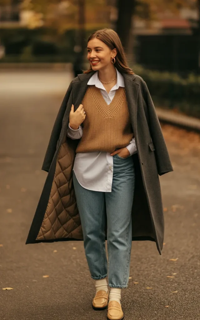 Layer a vest over a button-down and jeans.