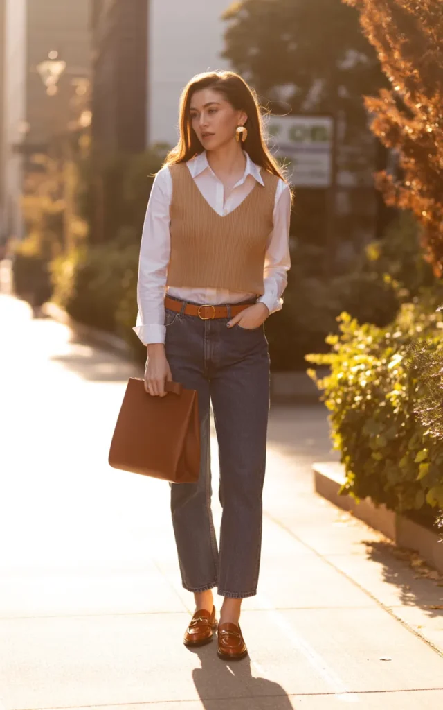 Layer a vest over a button-down shirt.