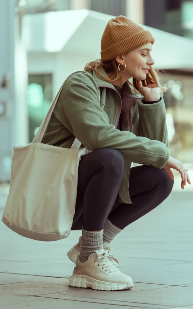 Match a fleece jacket with leggings.