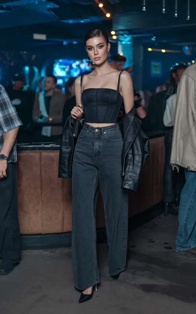 Mix a corset top with relaxed wide-leg jeans.