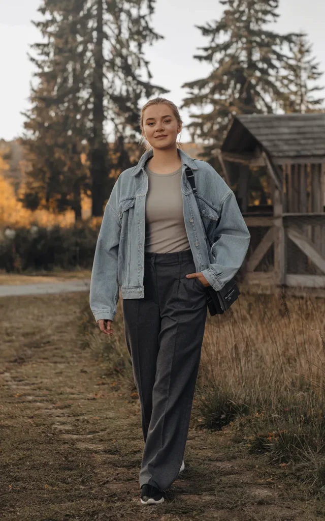 Mix a denim jacket with tailored trousers.