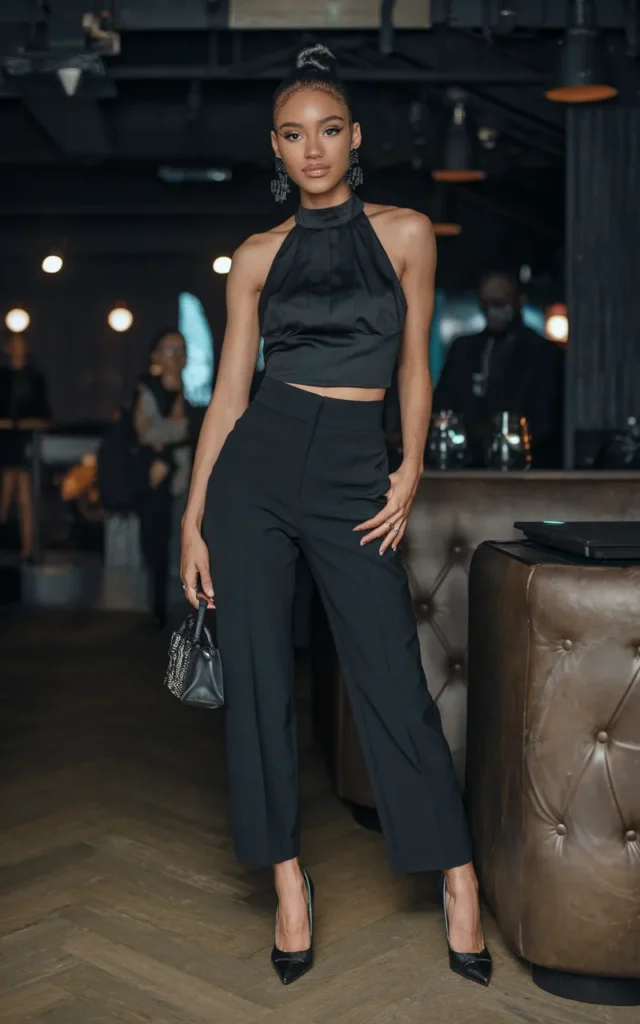 Pair a halter top with tailored cigarette pants.