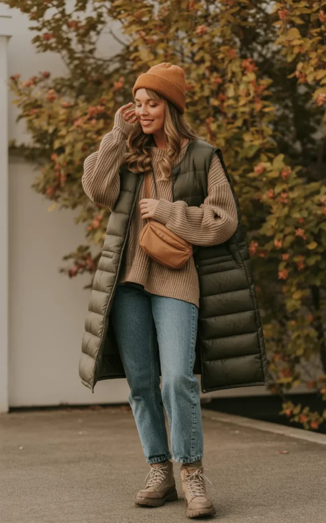 Style a puffer vest over a chunky knit.
