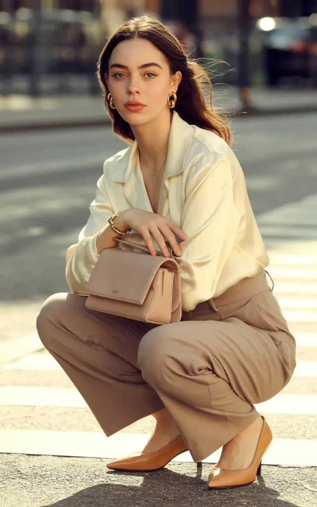 Style a satin blouse with tailored trousers.