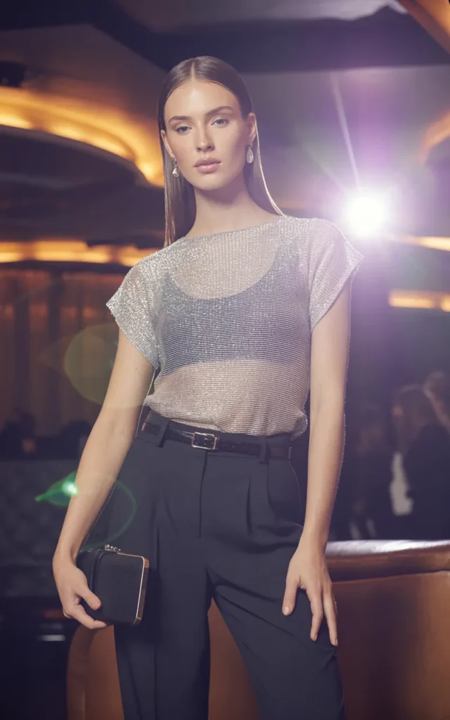 Style a silver top with black tailored trousers.