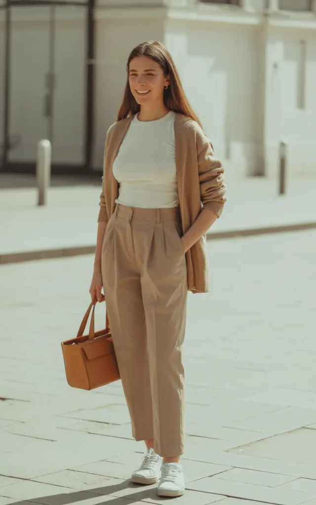 Swap sneakers into a tailored trouser outfit.