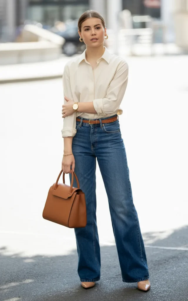 Tuck a button-down into wide-leg jeans.