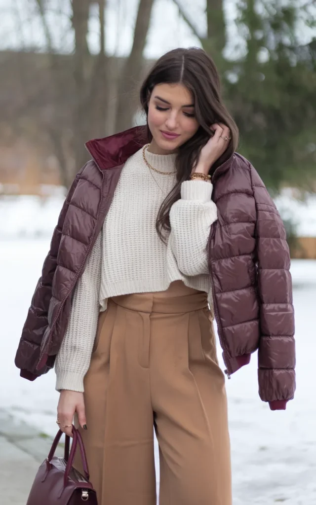 Wear a cropped sweater with high-rise trousers.