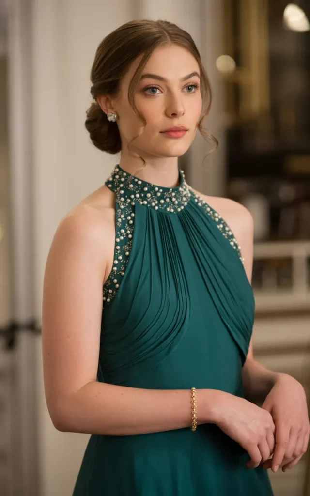 Wear a high-neck gown with elegant detailing