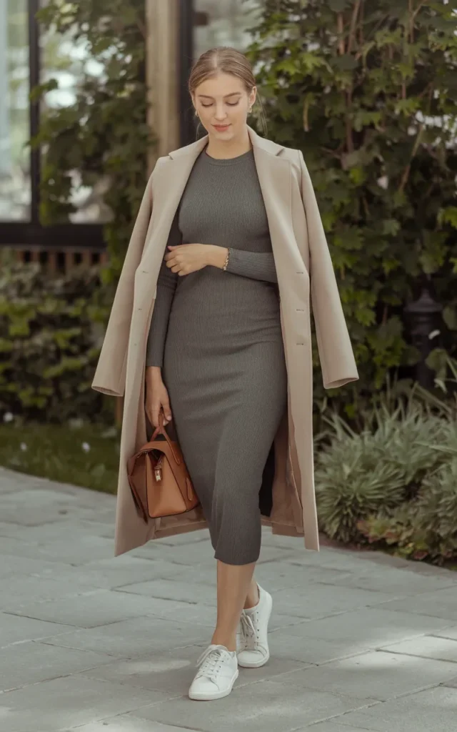 Wear a knit dress with minimalist sneakers.