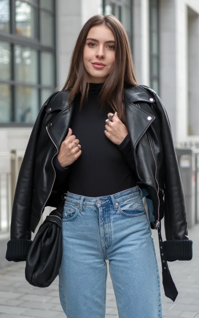 Wear a leather jacket over a cozy knit.