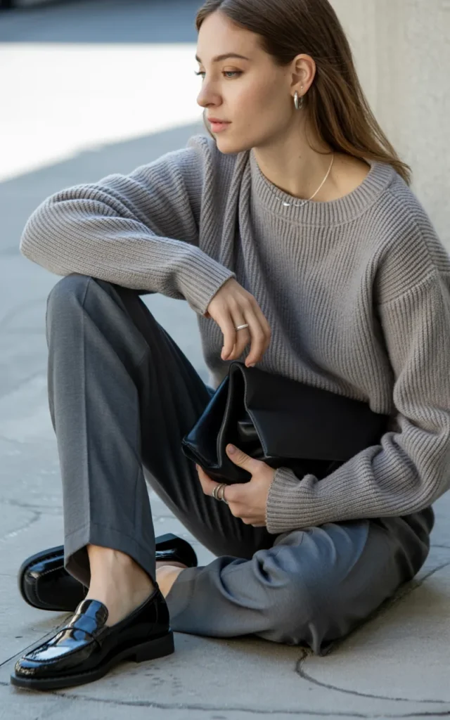 Wear tonal gray with polished accessories.