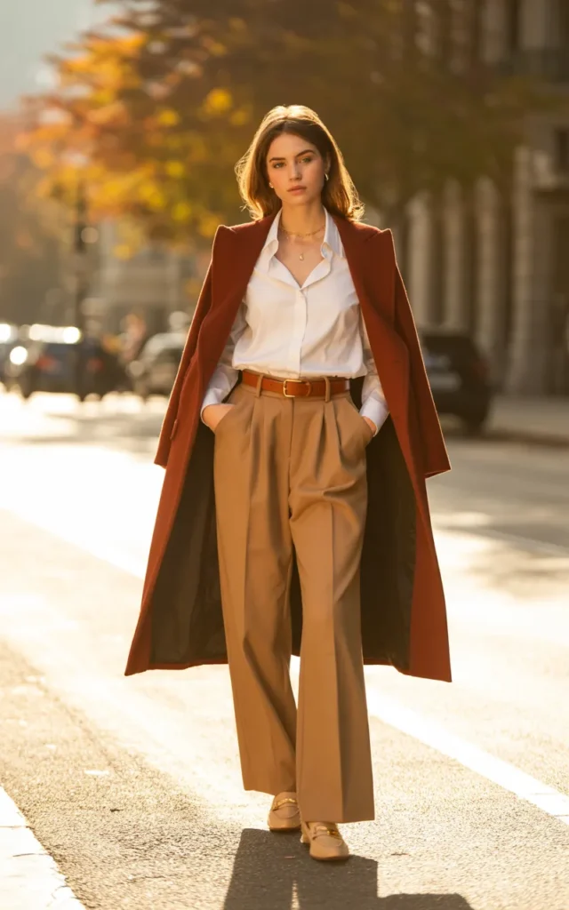Wear wide-leg trousers with a tucked button-down.