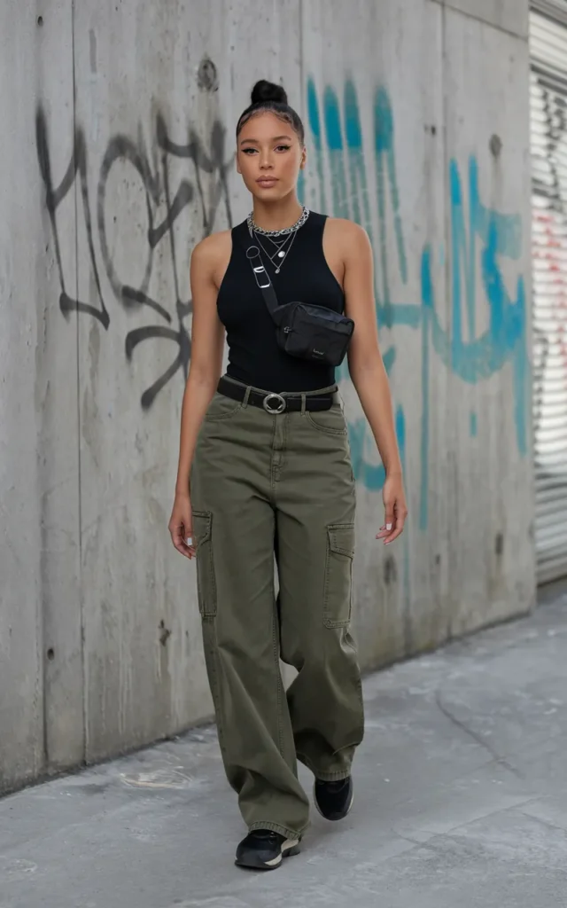Combine a Black Bodysuit With Cargo Pants