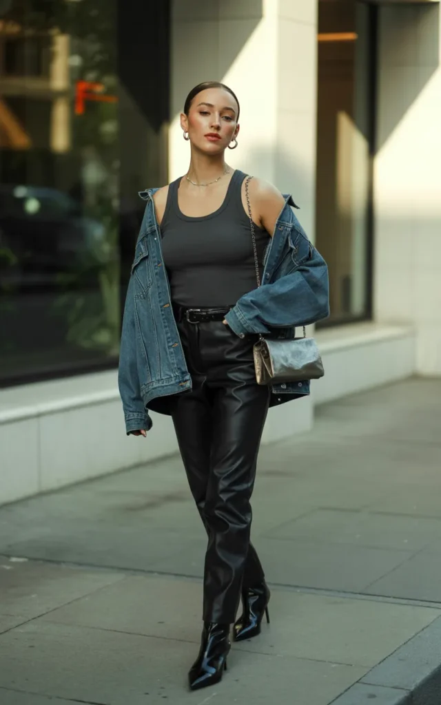 Combine a Denim Jacket With Leather Pants