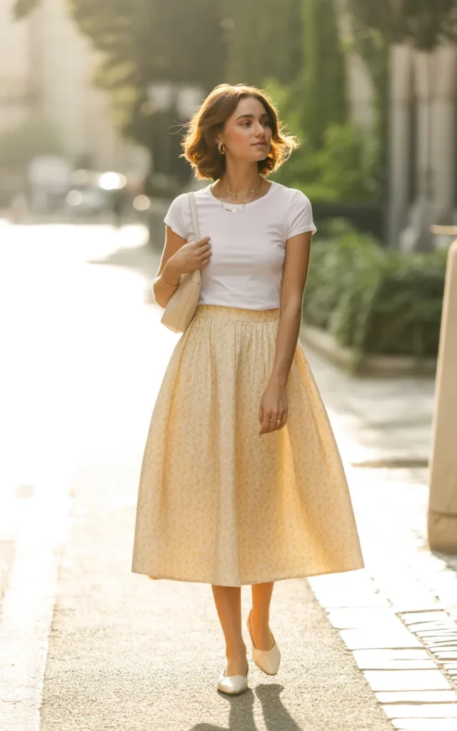 Combine a simple tee with a full midi skirt.