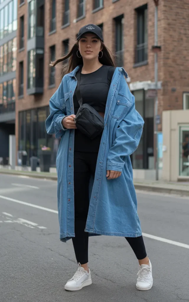 Combine an Oversized Jean Jacket With Black Leggings