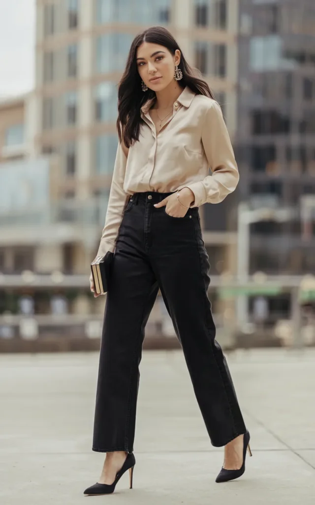 Dress Up Black Jeans With a Satin Blouse