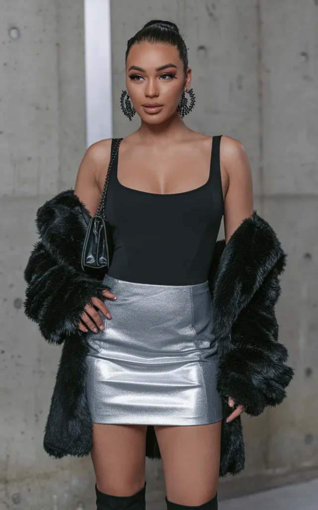 Dress Up a Black Bodysuit With a Metallic Mini Skirt