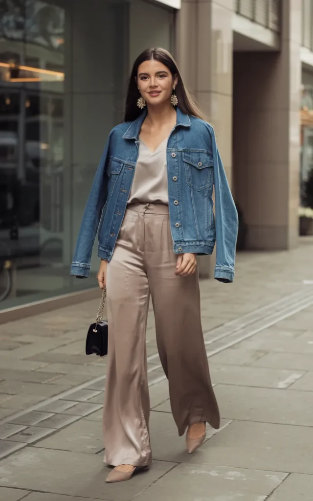 Dress Up a Jean Jacket With Satin Pants