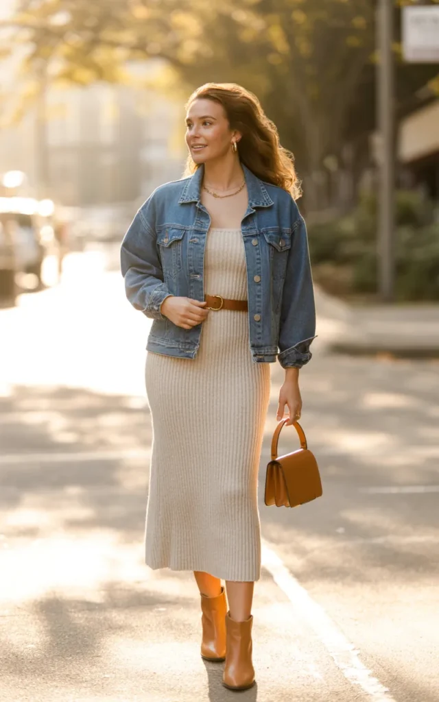 Layer a Jean Jacket Over a Knit Dress