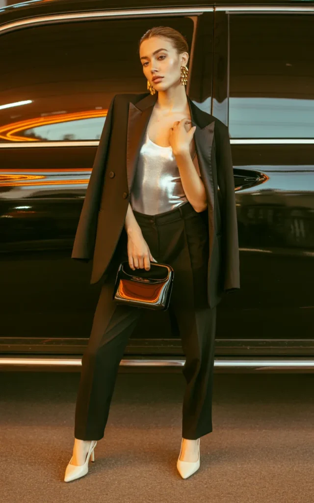 Layer a Metallic Bodysuit Under a Blazer