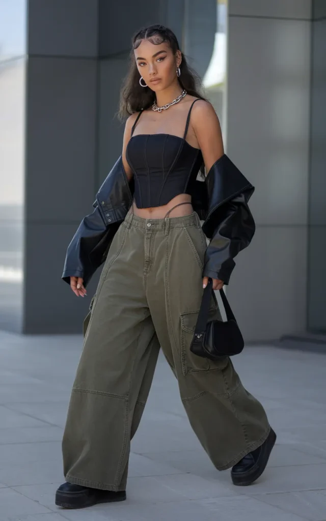 Match a Corset Top With Wide-Leg Cargo Pants