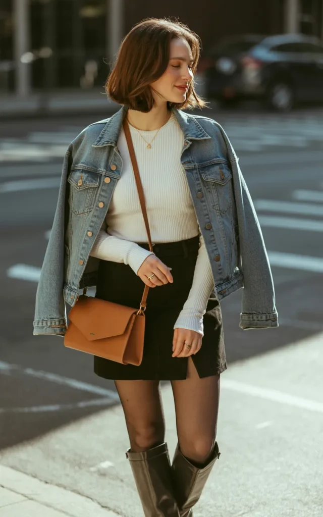 Match a Jean Jacket With a Mini Skirt and Knee-High Boots