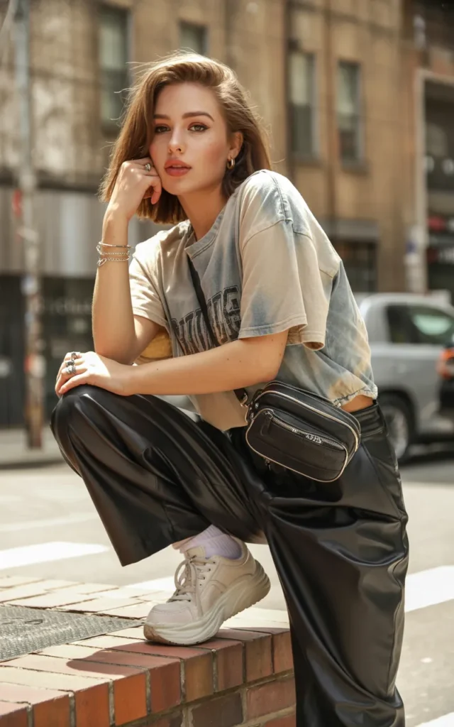 Mix a Graphic Tee With Faux-Leather Trousers
