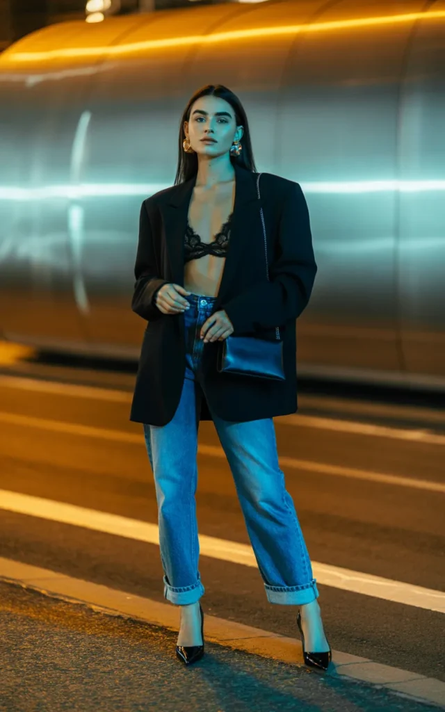Pair a Blazer With a Lace Bralette and Jeans