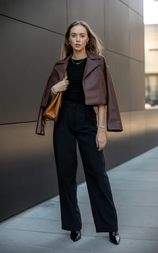 Pair a Cropped Leather Jacket With Wide-Leg Trousers