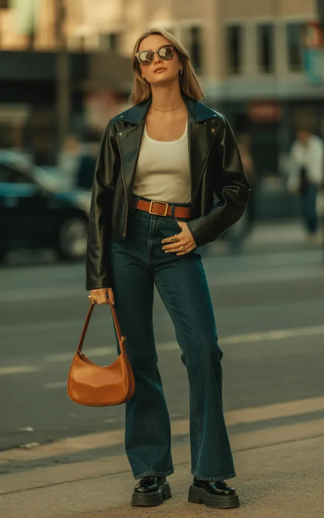 Pair a Leather Jacket With Flared Jeans