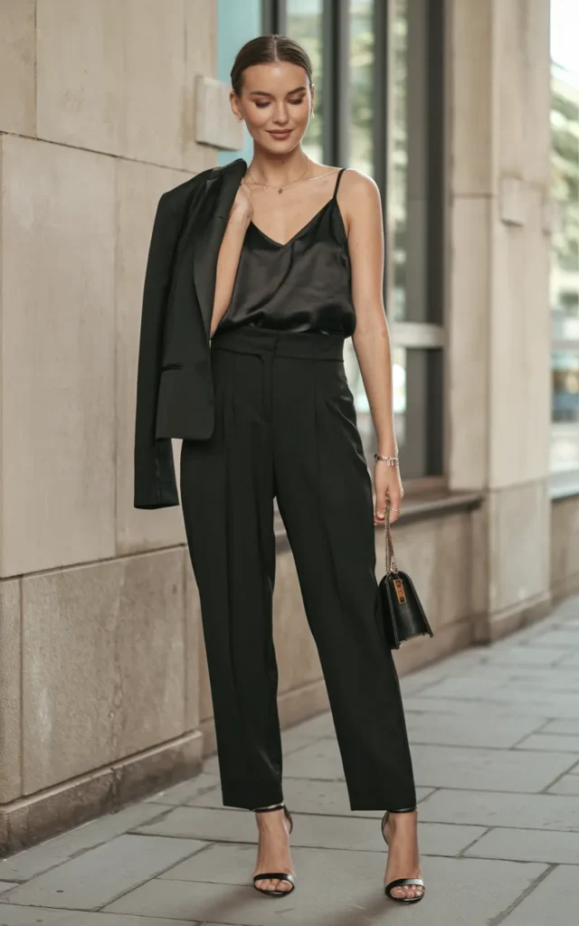 Style a Black Satin Camisole With Tailored Pants