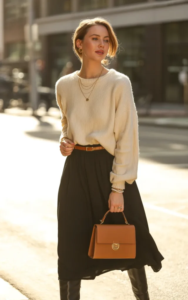 Style a Black Skirt With a Chunky Knit