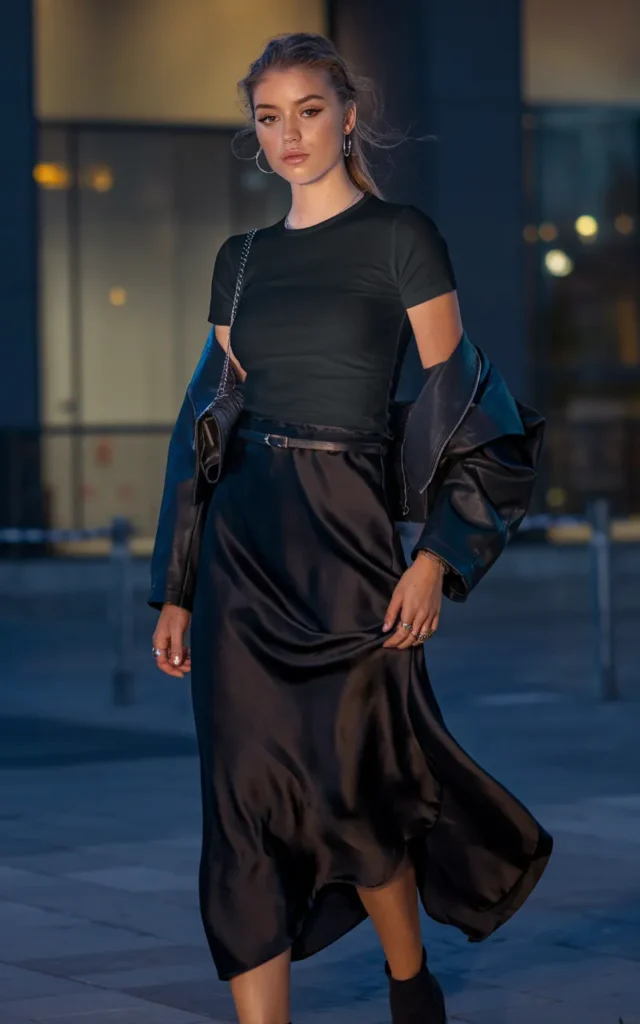 Style a Satin Skirt With a Fitted Band Tee
