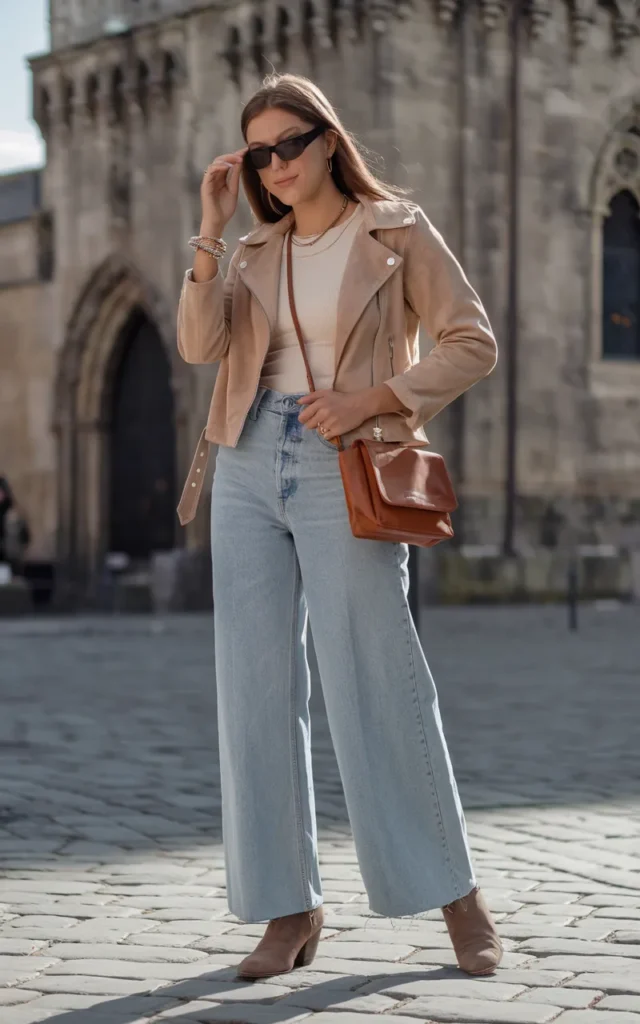 Style a Suede Jacket With Wide-Leg Jeans