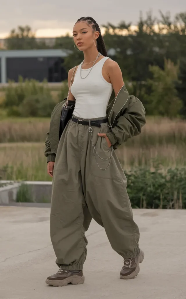 Style a White Tank With Parachute Pants