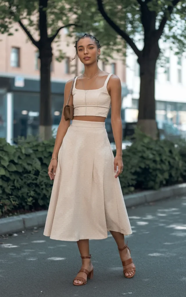 Style a matching crop top and midi skirt set.